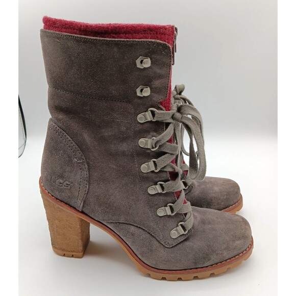 UGG Boot Wn 9 Fabrice Gray Suede Leather Lace-up Lug Sole Heel Equestrian Bootie - Picture 1 of 14